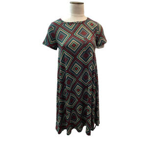 LulaRoe Green‎ Red Diamond Pattern Short Sleeve Crew Neck Dress